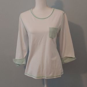 Denim & Co 3/4 sleeve white top w/ green ticking detail